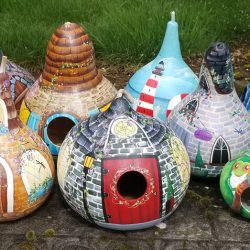 Hand painted and artist designed gourd birdhouses