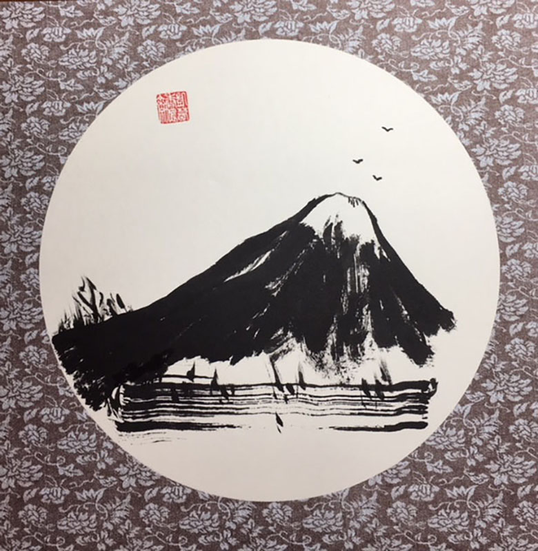 2019 Award Winner at the Sumi-e Society of America. "Mountain Music" Sumi (ink ) brushed on Shikishi Board