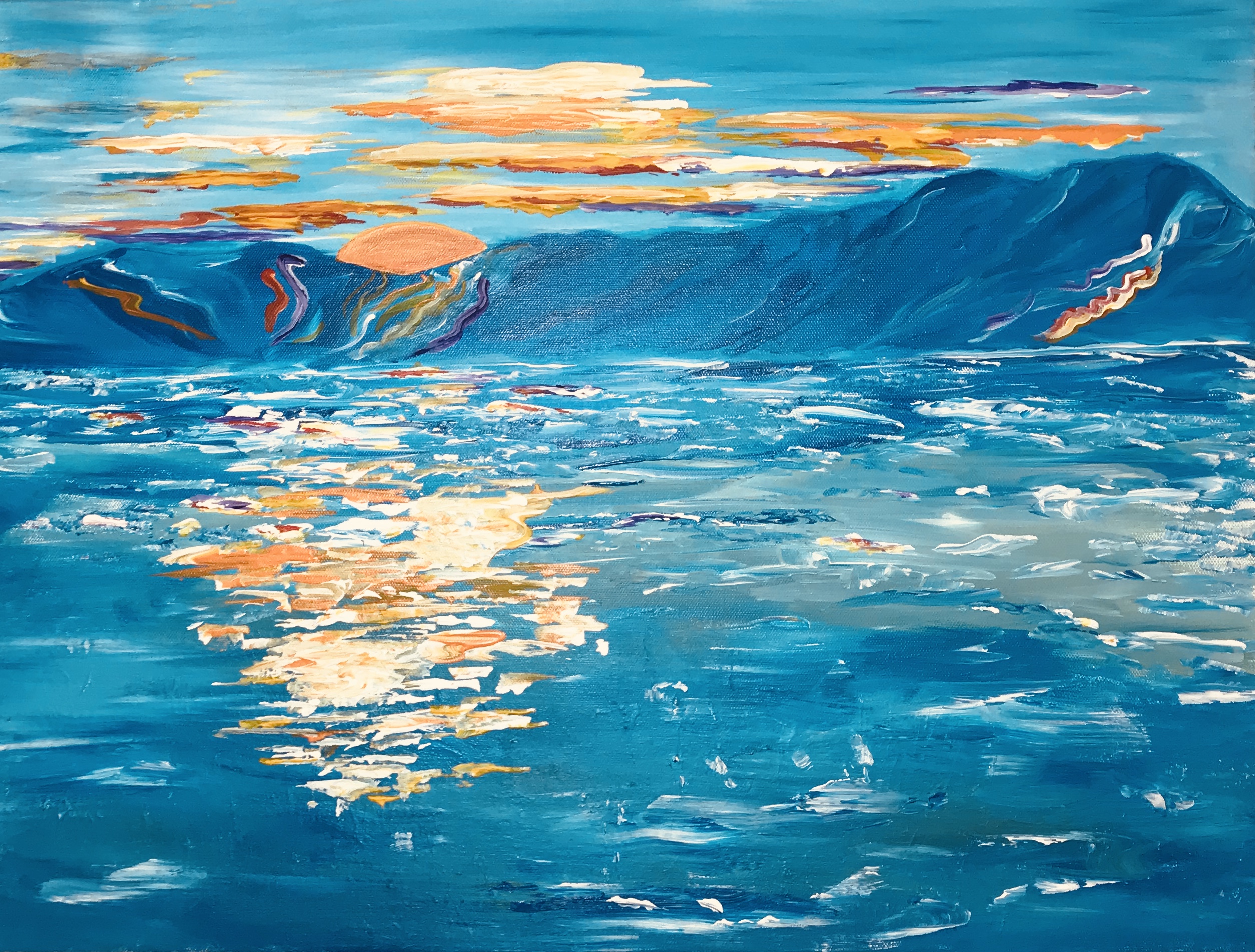 acrylic painting of sunset with mountains in shade, colorful skies, and sunlight reflections on the waters at Kachemak Bay, Alaska, by Maria Ekstrand