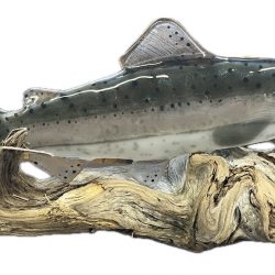 Fused glass fish mounted on driftwood
