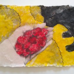 First Raspberries, Mixed Media Drawing on Handmade Paper